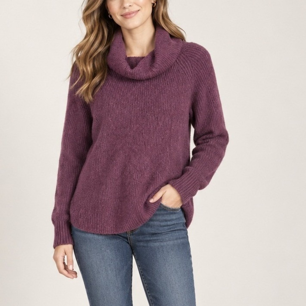 LOFT Cowl Neck Sweater Womens S Burgundy Plum Ribbed Knit Long Sleeve Cozy Fall